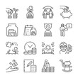 Retirement or pension icons set. Retirement Cash Savings. Old man with money, seniority pay, linear icon collection. Line with editable stroke