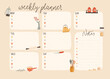 © Світлана Харчук - Trendy cooking minimalist template planner for the week in pastel colors. To-do list. Raster illustrations of cute retro kitchen utensils in a textured hand-drawn style.