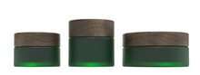 Set Of Three Green Glass Cosmetic Cream Jars With Wooden Lids, Beauty And Care Product Packaging And Branding 3D Render Mockup