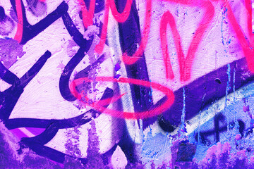 Closeup of colorful pink, purple, blue urban wall texture. Modern pattern for wallpaper design. Creative modern urban city background for advertising mockups. Grunge messy street style background