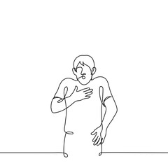 Poster - man clutching his chest with his mouth open - one line drawing vector, concept to hear an insult, be surprised or shocked