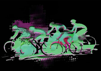 Wall Mural - Cycling race, green silhouettes.
Expressive stylized drawing of a group of cyclists at full speed. Black background.