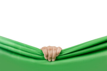 Human hand opening green curtain