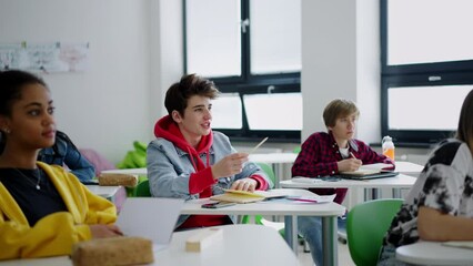 Wall Mural - High school students paying attention in class, sitting in their desks and raising hand.