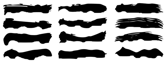 Wall Mural - Vector collection of artistic grungy black paint hand made creative brush stroke set isolated on banner background. A group of abstract grunge sketches for design education or graphic art decoration