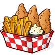 An irresistible basket of deep fried chicken tenders and crispy golden French fries fresh from the deep fryer