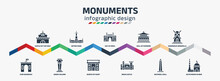 Monuments Infographic Design Template With Castle Of The Holy Angel In Rome, Ejer Baunehoj, Retiro Park, Greek Column, Gat Of India, Quinta Of Saint Peter Alexandria, Hall Supreme Harmony In