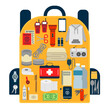 Backpack with survival kit objects.  survival emergency kit for evacuation or disasters inside the backpack