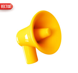 Wall Mural - Megaphone Speaker. Loudspeaker yellow color. Speaking trumpet. Realistic 3d design element In plastic cartoon style. Icon isolated on white background. Vector illustration