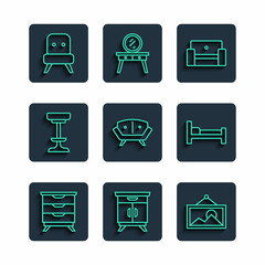 Sticker - Set line Furniture nightstand, Picture, Armchair, Sofa, Chair, and Bed icon. Vector