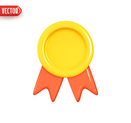 Wall Mural - Gold medal with ribbon. Round Achievement Award. Realistic 3d design element In plastic cartoon style. Icon isolated on white background. Vector illustration