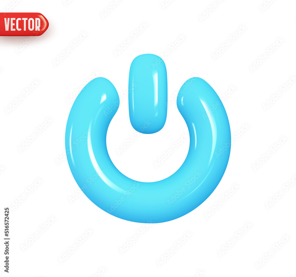 Blue power button. Turn off and on button. Realistic 3d design element In plastic cartoon style. Icon isolated on white background. Vector illustration