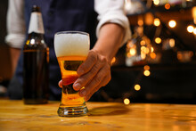 Bartender Serve Beer, On Wood Bar, 