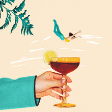 Contemporary Art Collage. Funny Looking Young Woman Jumping Into Delicious Cocktail Isolated Over Light Background.