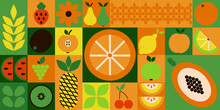 Bauhaus Fruits. Abstract Geometric Food, Bright Colorful Green And Orange Pattern, Simple Forms. Natural Organic Background, Modern Banner Or Horizontal Poster, Agriculture Design. Vector Illustration
