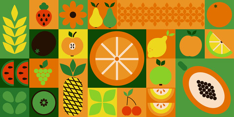 Bauhaus fruits. Abstract geometric food, bright colorful green and orange pattern, simple forms. Natural organic background, modern banner or horizontal poster, agriculture design. Vector illustration