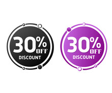30% Off, Circle Discount Tag Icon Collection. Set Of Black And Purple Sale Labels. Vector Illustration, Thirty 