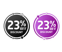 23% Off, Circle Discount Tag Icon Collection. Set Of Black And Purple Sale Labels. Vector Illustration, Twenty Three 