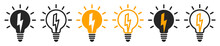 Set Of Light Bulb And Lightning Bolt Icons. Lamp With Lightning, Lightbulb With Flash. Power Idea, Lighting Bolt Bulb. Vector.