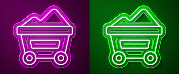 Poster - Glowing neon line Coal mine trolley icon isolated on purple and green background. Factory coal mine trolley. Vector