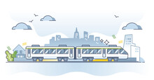 Public Transportation And Train Infrastructure For Passengers Outline Concept. Fast Railroad Transport With Electric Locomotive And Wagons Vector Illustration. Mobility With Urban Railway Routes.