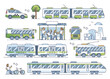 Public transportation types for passenger rides outline collection set. Train, bus, trolley or vehicle transport usage for urban movement around city vector illustration. Metropolis mobility elements.