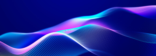 Leinwandbilder - Futuristic dots pattern on dark background. Colored music wave. Big data. Technology or Science Banner. 3D rendering