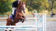 Young man riding horse jumping over the hurdle on his show jumping course