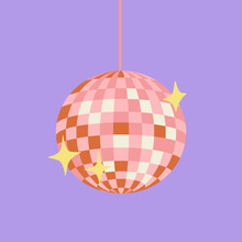 Pink Disco Ball With Stars. Vector Flat Illustration On Purple Isolated Background. Template For Greeting Cards, Posters