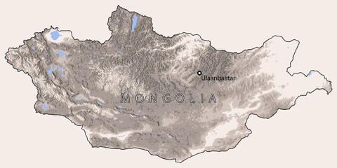 Mongolia map, relief and lakes, vector design, cartography and geography