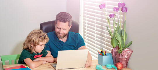 banner of home school of father and son with laptop at home, cheerful father and child son at school