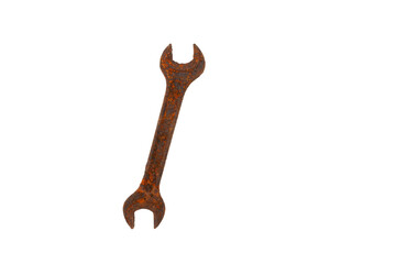 Old Rusty wrench on white background, close-up. Design element