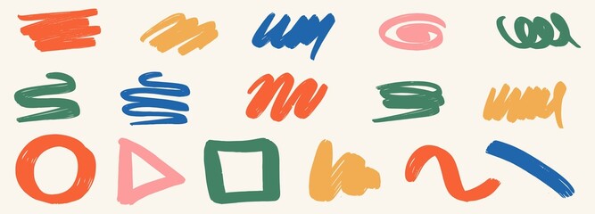 Wall Mural - Set of different abstract shapes and patterns. Hand drawn doodles. Modern fashion illustration. Flat design, cartoon drawing, vector.