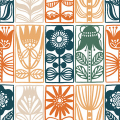 Wall Mural - Scandinavian folk flowers in frames, pattern illustration