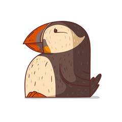 Wall Mural - A Puffin, isolated vector illustration. Fratercula arctica. Cute cartoon picture of a puffin sitting. A funny bird sticker. Simple drawing of a seabird on white background. An Arctic animal.