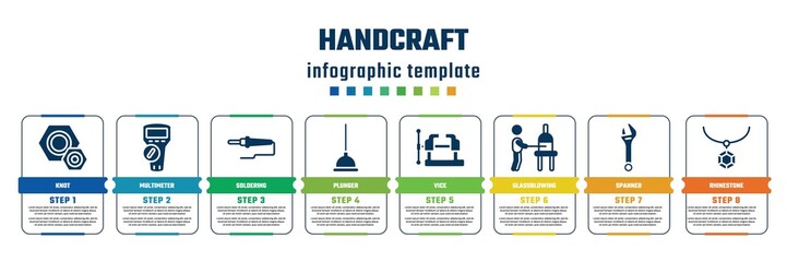 Wall Mural - handcraft concept infographic design template. included knot, multimeter, soldering, plunger, vice, glassblowing, spanner, rhinestone icons and 8 steps or options.