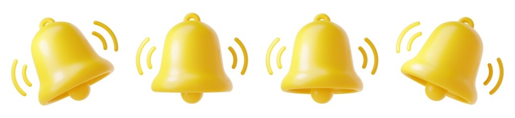 Wall Mural - Notification bell icon 3d render - cute cartoon illustration of simple yellow bell for reminder or notice concept.