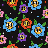 Fototapeta Dinusie - Floral seamless pattern with faces. In the style of an old cartoon. Vector graphic.
