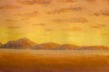 Beautiful Yellow Orange Sunrise In Desert In Mountains Oil Painting Landscape Artwork Illustration