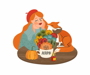 Wall Mural - Cute girl with a fox. Autumn fairy tale illustration. Vector design for card, poster, flyer, web and other