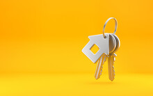 House Keys With House Shaped Keychain, Estate Concept, Key Ring And Keys On Bright Yellow Background. 3d Rendering