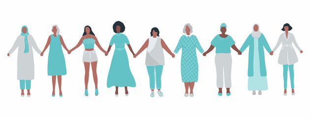 Women holding hands. Diverse group of people. International Women's Day concept. Women's community. Female solidarity. Different women silhouettes. Vector illustration.