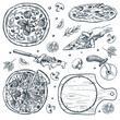 Italian pizza set. Fast food snacks vector sketch illustration. Pizzeria menu hand drawn vintage design elements