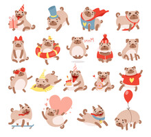 Funny Pug Dog With Cute Snout Engaged In Different Activity Vector Big Set