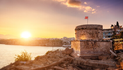 Canvas Print - Hidirlik tower at sunset time. Popular Antalya historic and travel attractions