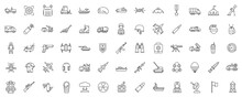 Set Of Simple Outline Military Icons. Collection Contains Such Icons As Vehicles, Air Forces, Soldier, Bomb, Artillery, Gun.