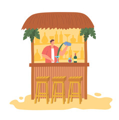 Wall Mural - Cartoon Color Summer Alcohol Bar and Bartender Character Flat Design Style Professional Service. Vector illustration of Barman