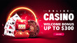 Online casino, invitation banner for website with button, slot machine, Casino Roulette, poker chips and playing cards in red scene with yellow neon ring on background.