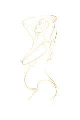 Wall Mural - Pregnant mom line art, Pregnancy one line drawing, printable wall art, Nude woman body print, Belly female figure, Minimalist print. Gold line