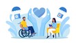 Psychology support for person in wheelchair. Woman caring about man mental health. Social aid and assistance. Solidarity from charitable community, supportive society. Supporting man with disability